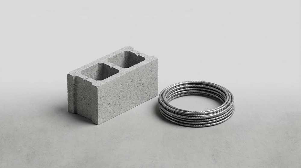Szary bloczek betonowy obok zwoju pręta zbrojeniowego na jednolitym tle