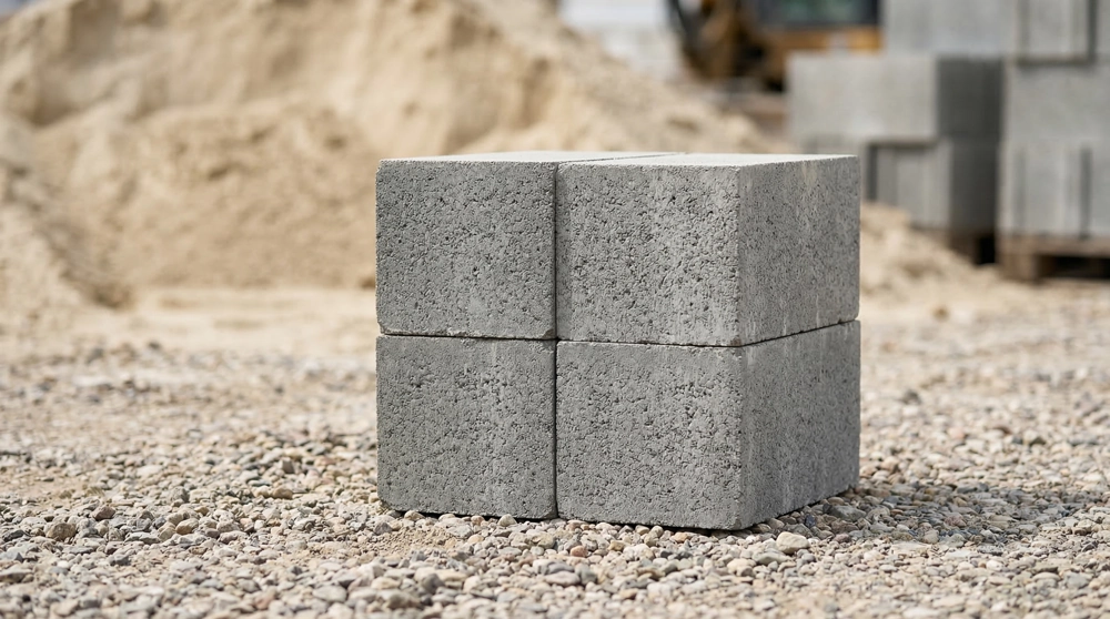 Cztery szare bloczki betonowe ułożone na żwirowym podłożu na placu budowy