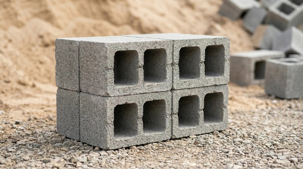 Bloczki betonowe: cztery pustaki betonowe na żwirowym podłożu