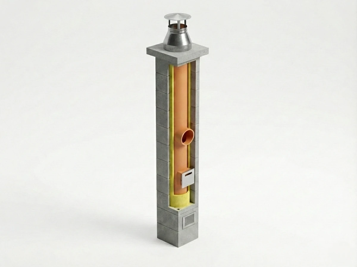 Przekrój komina betonowego z metalowym wkładem izolowanym – Kominy