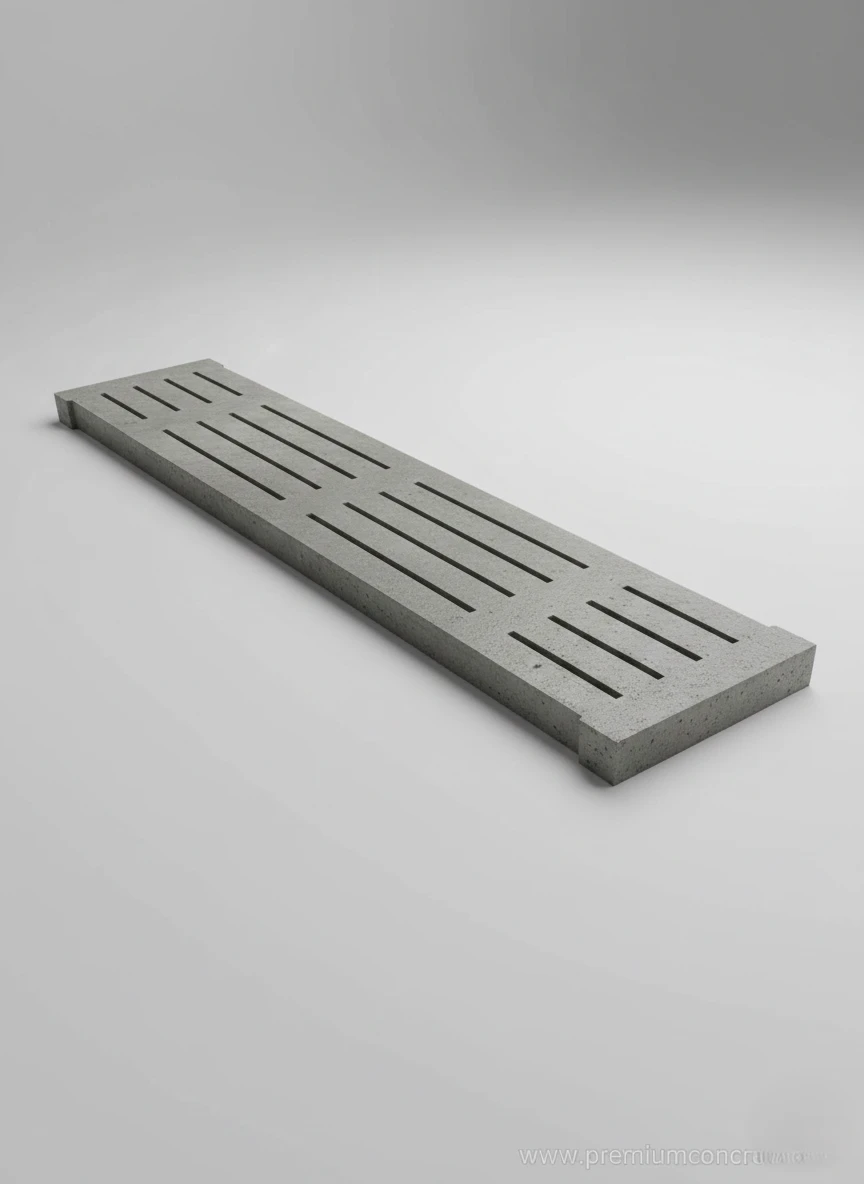 Betonowe ruszto w formie długiej płyty z równoległymi, podłużnymi otworami