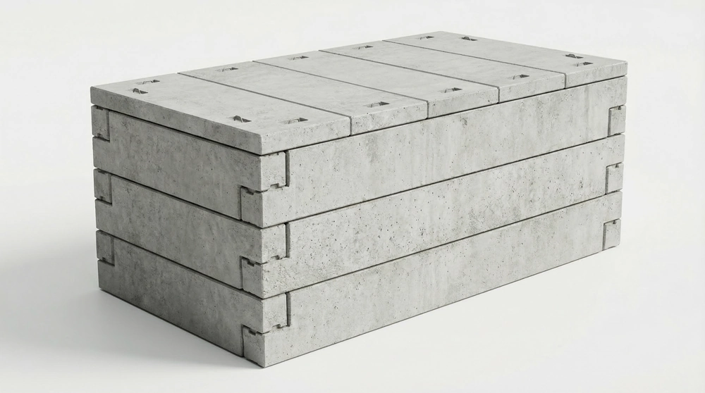 Stos prefabrykowanych, prostokątnych bloczków betonowych z widocznymi wypustkami do łączenia