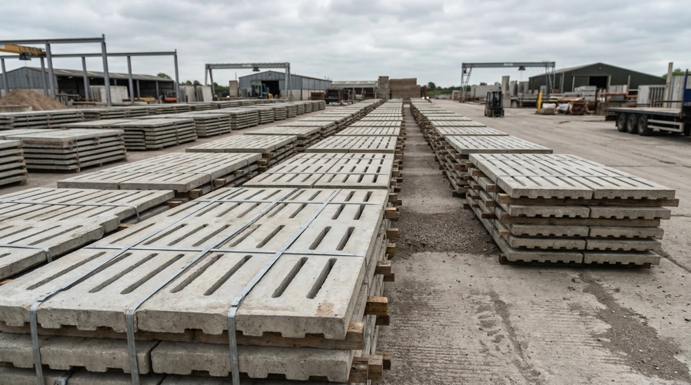 Ruszta betonowe ułożone w stosy z podłużnymi otworami na placu magazynowym